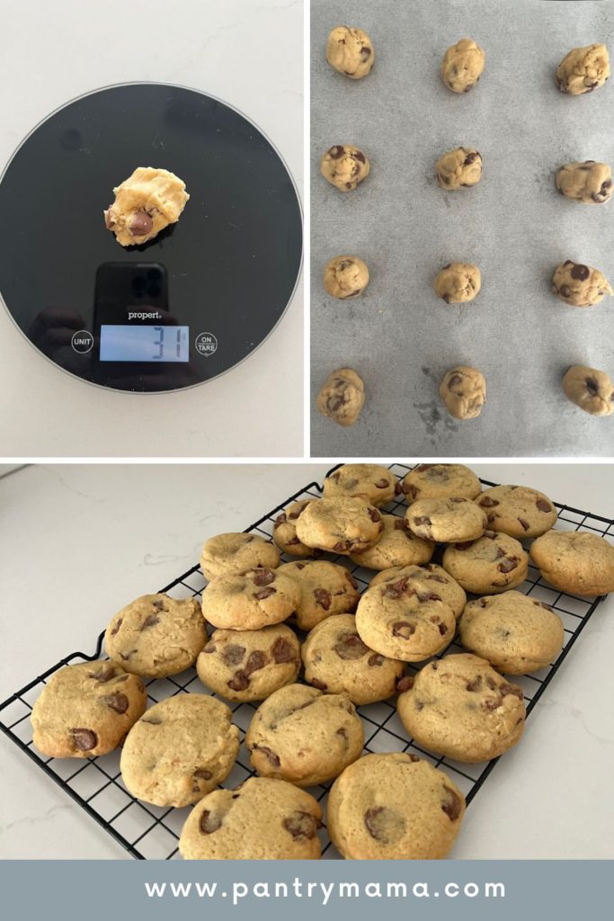 3 photos showing how to size your sourdough chocolate chip cookies.
