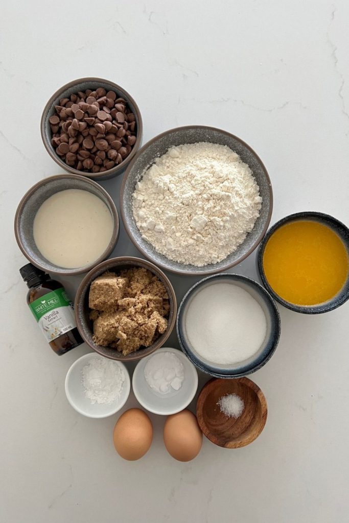Flat lay of ingredients used in making sourdough chocolate chip cookies.