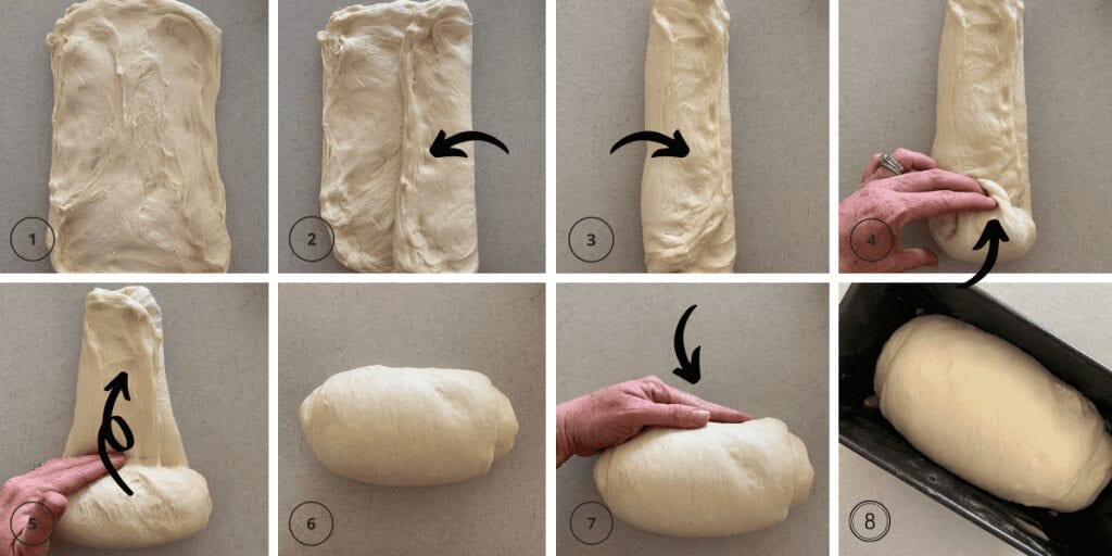 Shaping instructions for sourdough sandwich loaf.