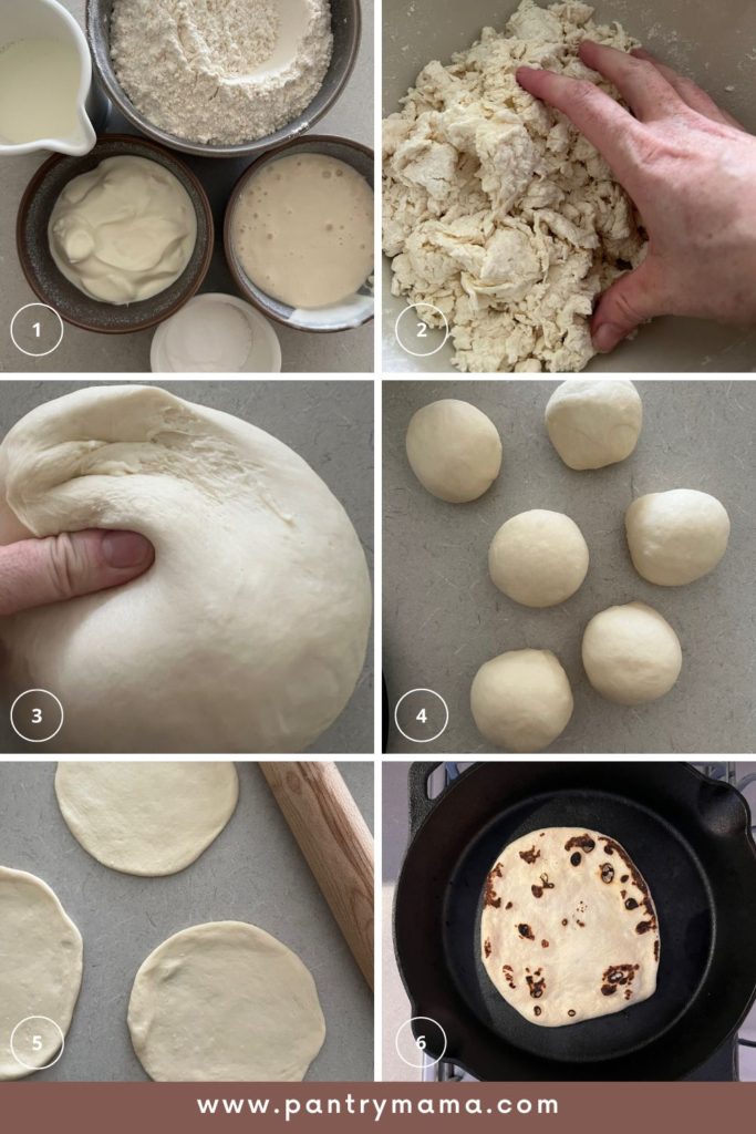 Process of making sourdough discard naan bread from mixing the ingredients through to shaping, rolling and cooking the naan.