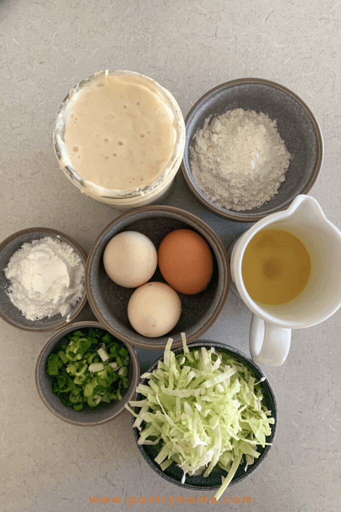 Ingredients for savory sourdough pancakes - sourdough starter, cornflour, all purpose flour, cabbage, eggs, spring onions.