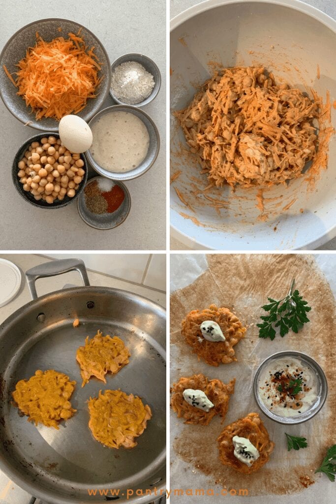 Process of mixing and cooking sweet potato and chickpea fritters with sourdough starter.