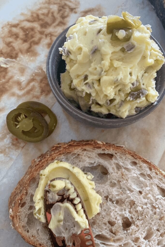 Sweet and spicy whipped butter served on sourdough bread