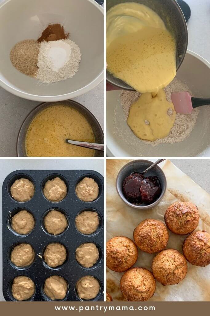 How to measure and mix sourdough muffins - adding liquid ingredients to dry ingredients.