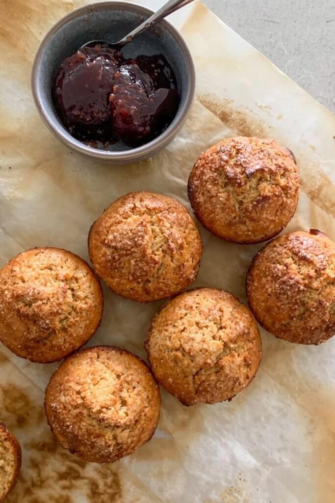 Sourdough cinnamon muffins served with raspberry jam