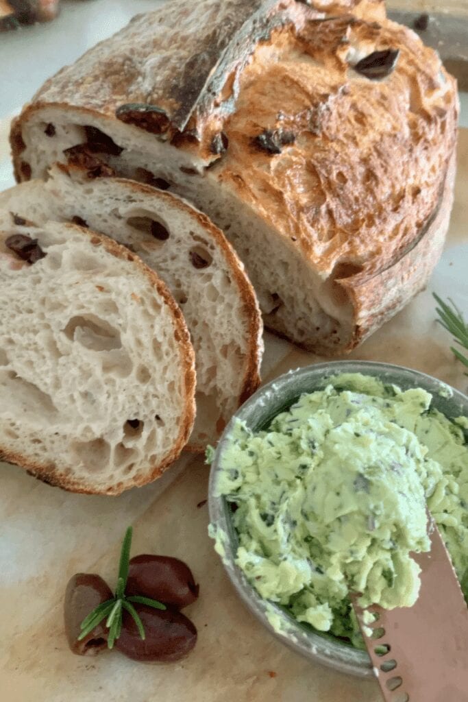 sourdough olive bread served with whipped herb butter