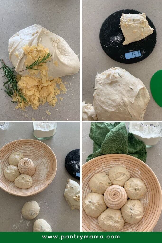 Shaping sourdough parmesan bread in a couronne banneton