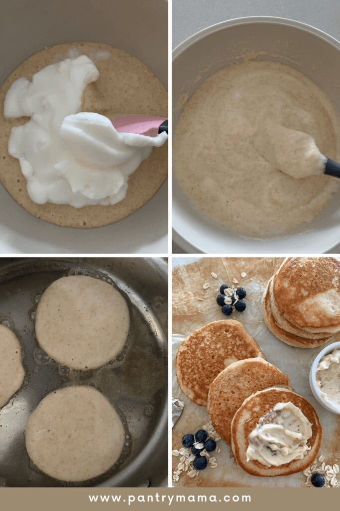 Process of making sourdough pancakes with whole wheat flour and egg whites.