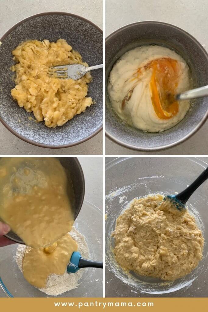 Process of mixing the liquid ingredients and the dry ingredients for sourdough banana muffins.

