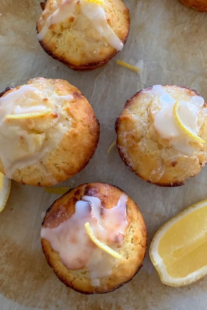 Lemon sourdough muffins with simple lemon glaze.