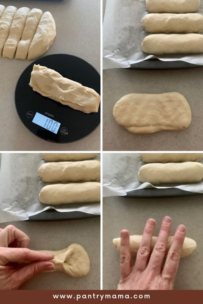 Shaping process for sourdough hot dog rolls.