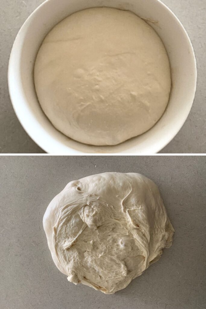 2 photos demonstrating when bulk fermentation has finished - one in the bowl and one on the counter.