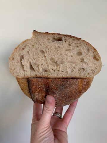 Toaster Oven Sourdough - crumb shot of loaf of sourdough being held up against white wall.