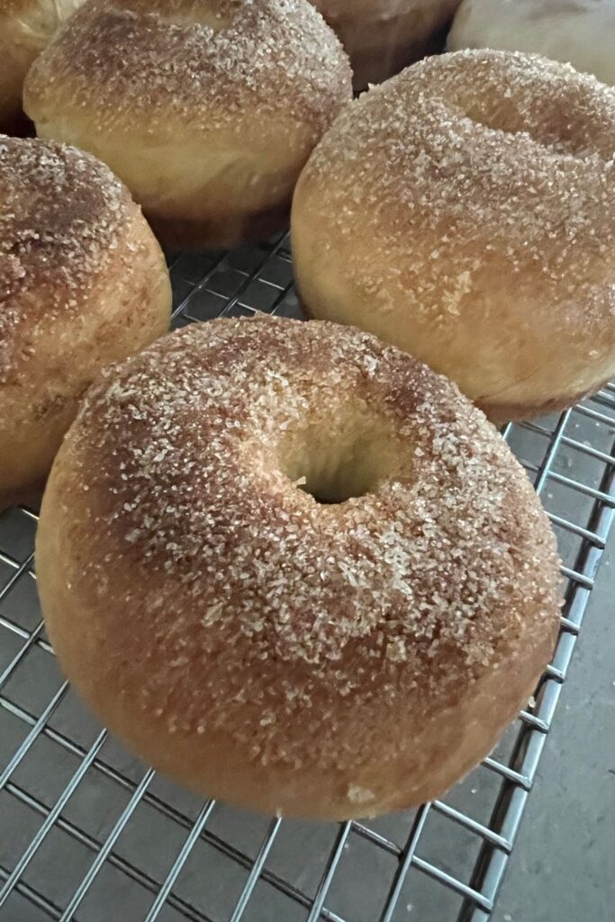 Cinnamon sugar sourdough baked donuts cooling on a wire rack.