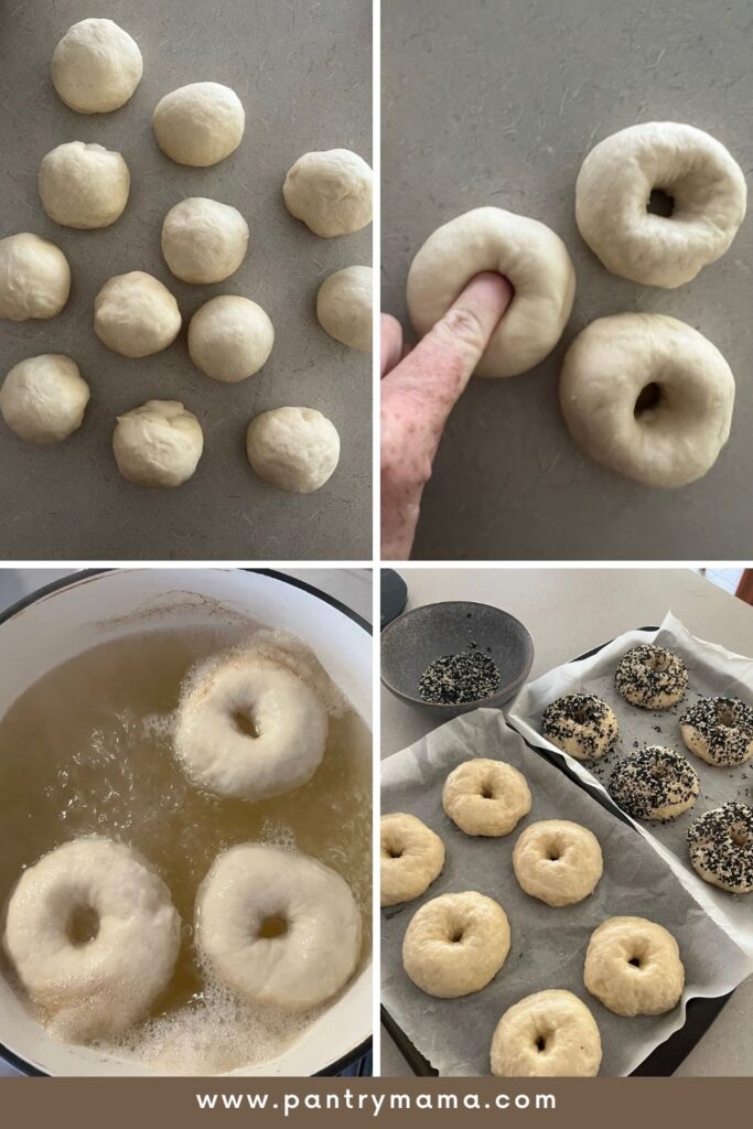 Easy sourdough bagels - photos of process from shaping to boiling and adding seeds.