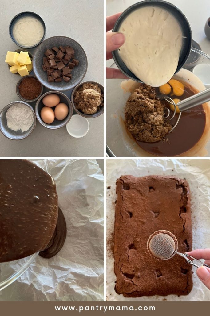 Process photos of making sourdough brownies