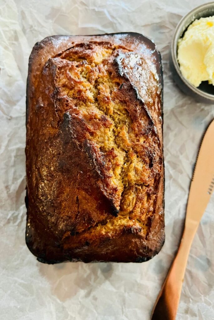 Sourdough discard banana bread with golden syrup glaze