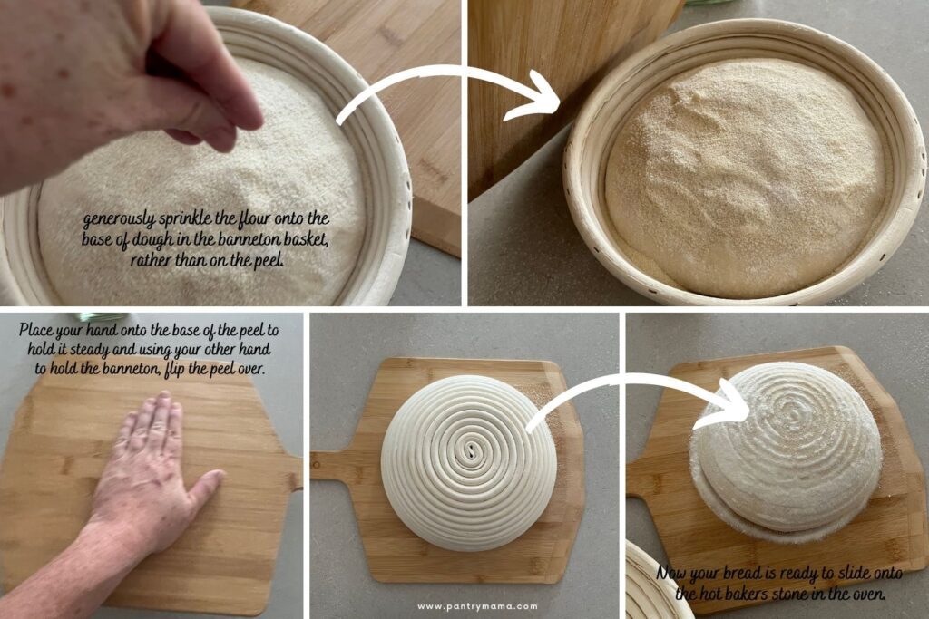 Series of photos showing how to transfer sourdough from a banneton to a bakers peel so you don't need to use parchment or baking paper.