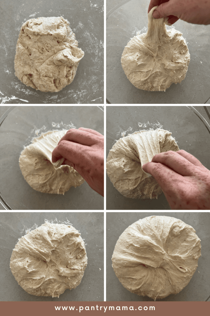 Photo showing stages dough goes through as you complete stretch and folds.