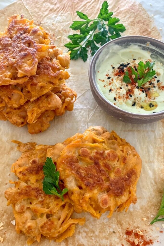 Sourdough Discard Fritter with sweet potato and chickpeas