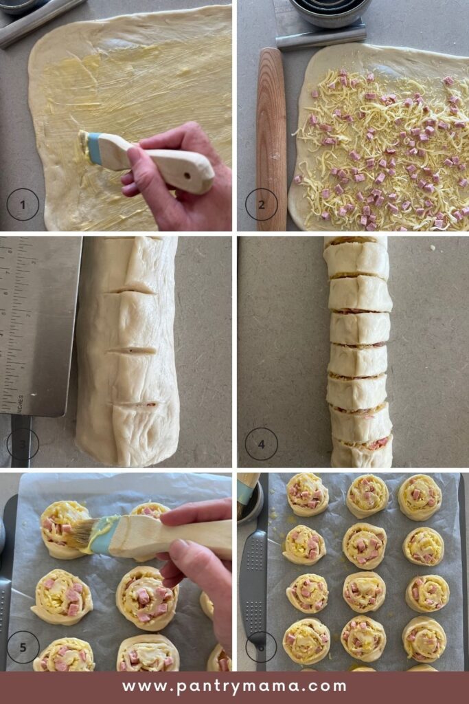 Process photos for sourdough pinwheels with ham and cheese.