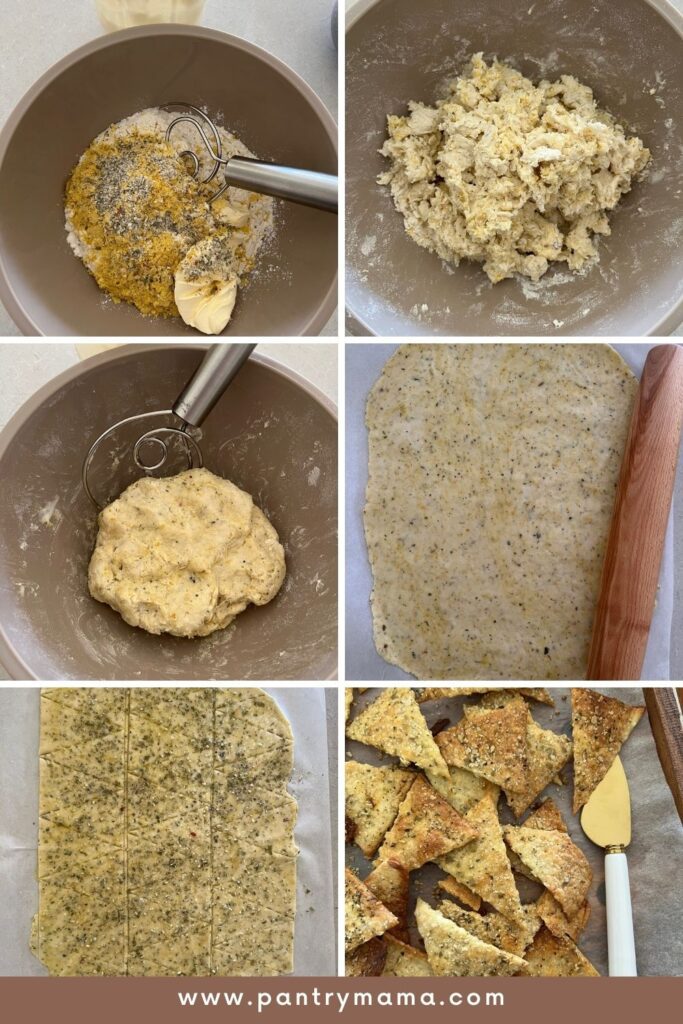 Process photos for vegan sourdough crackers.