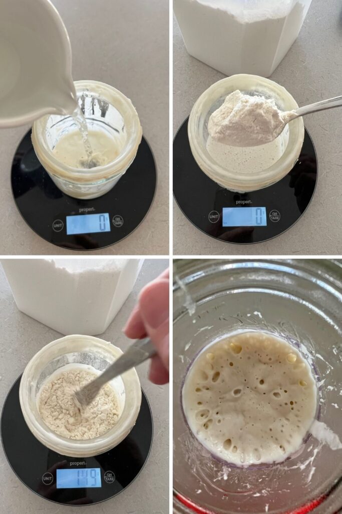 4 photo collage showing the benefits of using a wide mouth jar for feeding and maintaining sourdough starter.