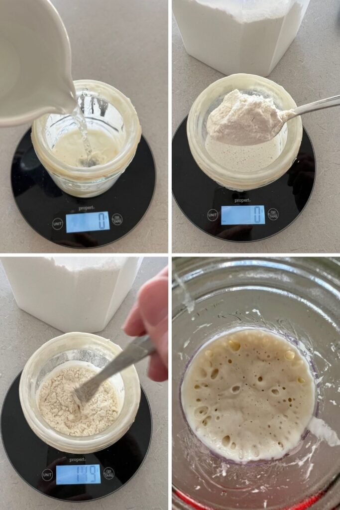 4 photo collage showing the benefits of using a wide mouth jar for feeding and maintaining sourdough starter.