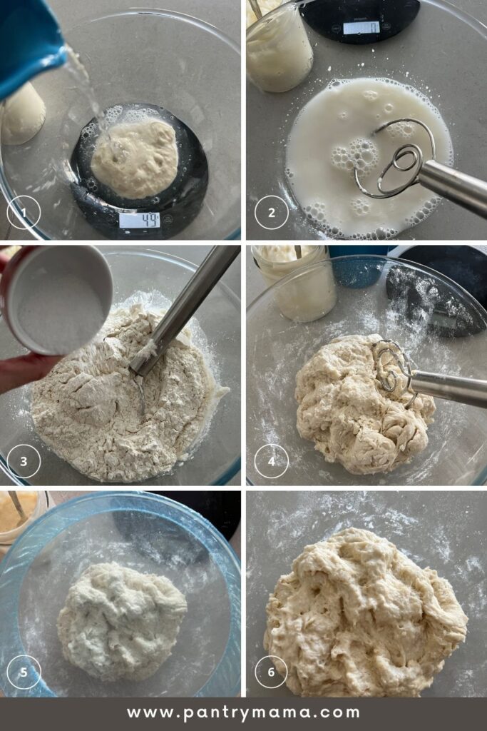 Mixing the dough for sourdough baguette recipe - 6 photos showing the mixing and autolyse process.