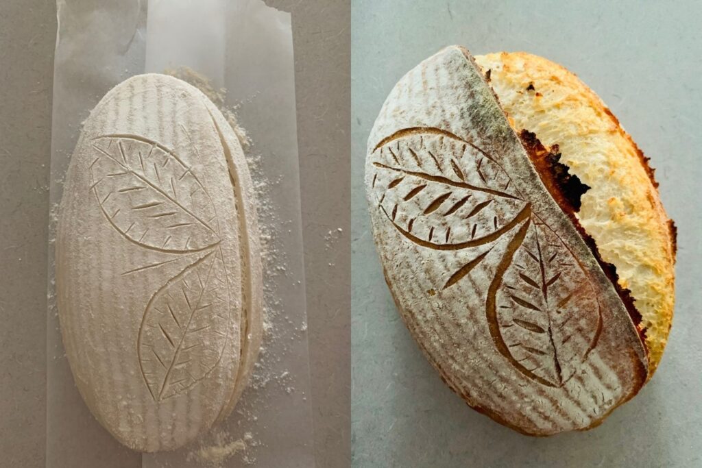 Photo showing scored dough and baked loaf with flour highlighting the scoring pattern