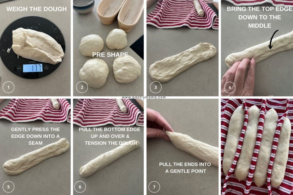 Shaping process for sourdough baguette recipe.