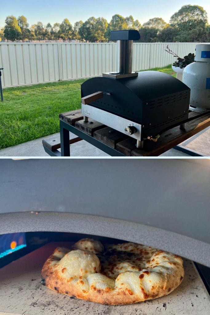 Photo shows gas fired pizza oven with the door closed as well as with a bubbly sourdough pizza inside.