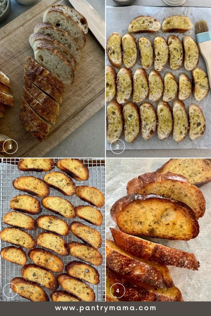 Process of making sourdough crostini from slicing baguettes, drizzling with olive oil and baking.