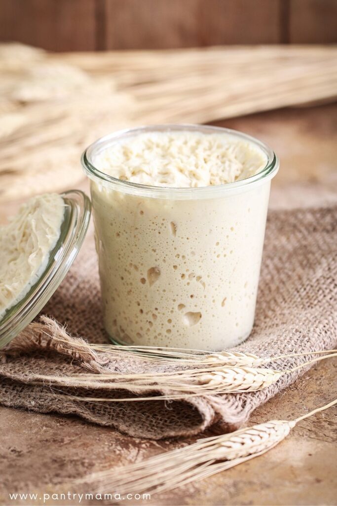 Jar of bubbly sourdough starter sitting on a piece of hessian. There are wheat stalks in front of the jar.