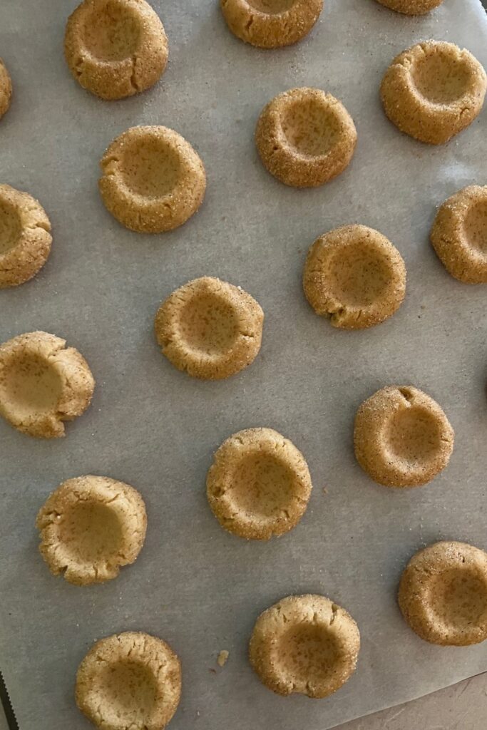 Tray of sourdough snickerdoodle cookies waiting to go into the oven.