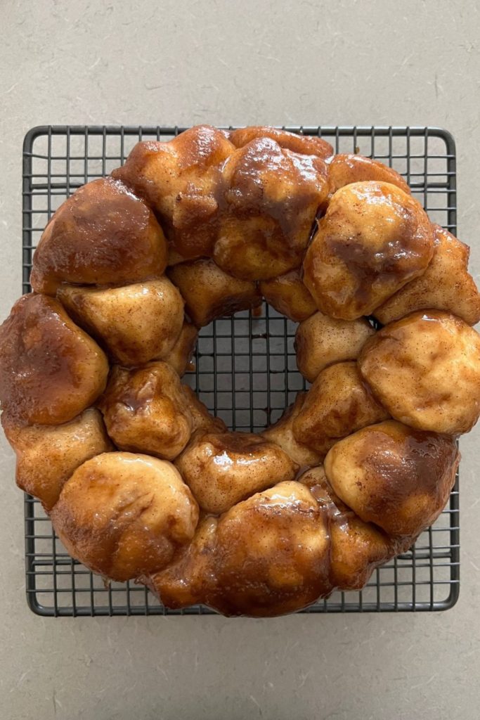sourdough discard monkey bread inverted onto a wire cooling rack.