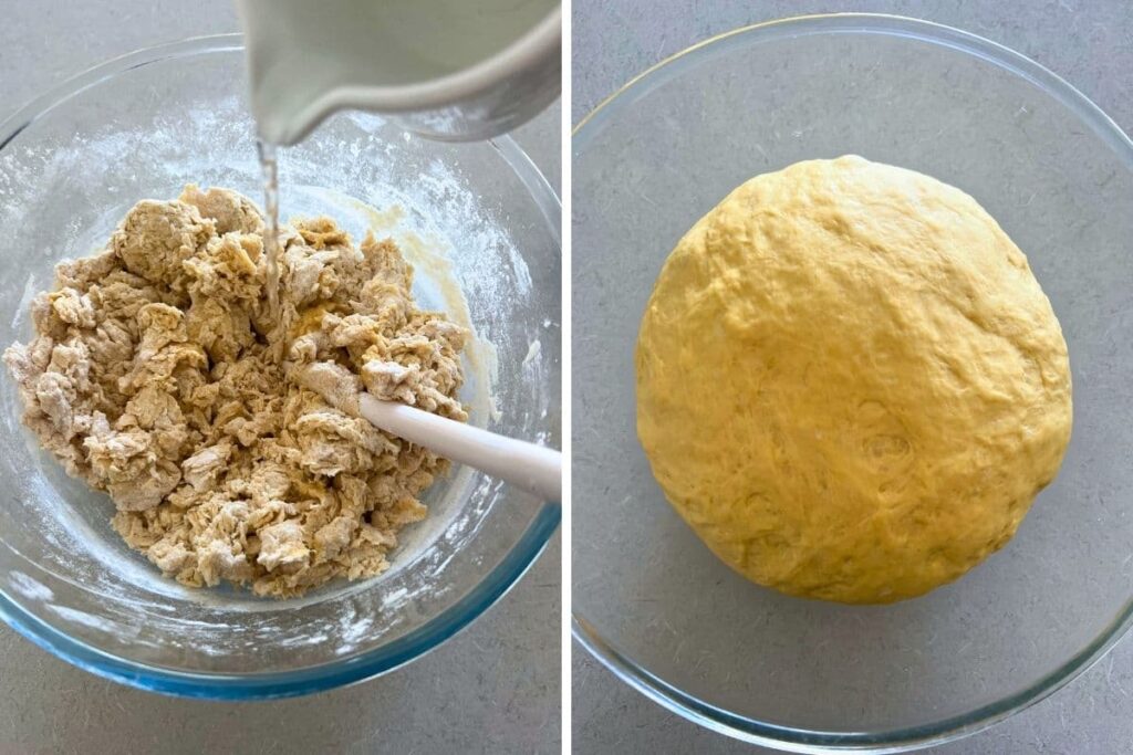 2 photos showing the texture of the sourdough pumpkin bagel dough from mixing to kneading.