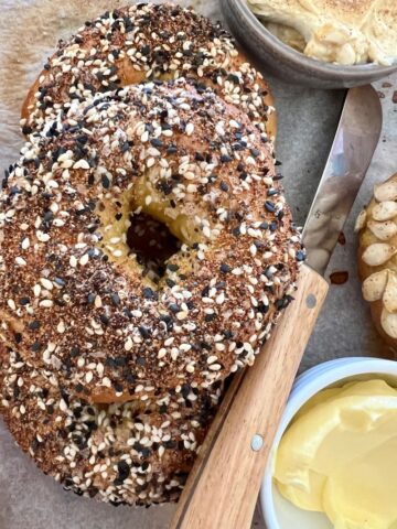 Sourdough Pumpkin Bagels topped with Everything But The Bagel Seasoning.