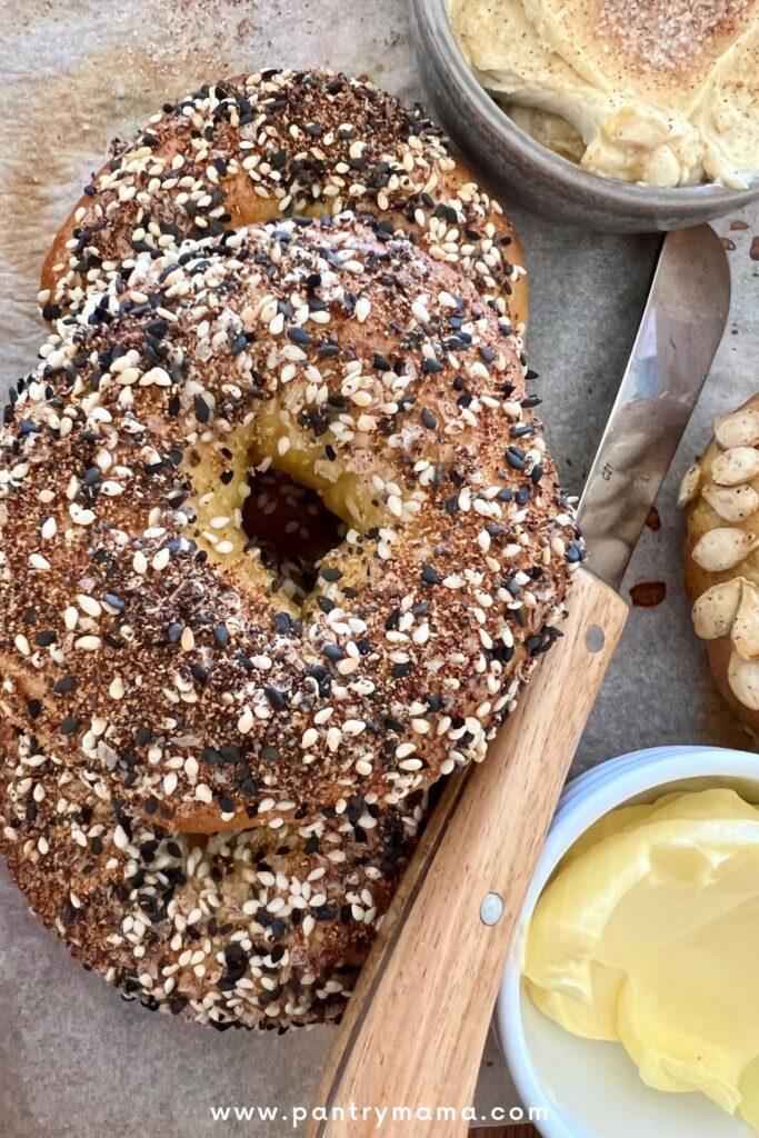 Sourdough Pumpkin Bagels topped with Everything But The Bagel Seasoning.