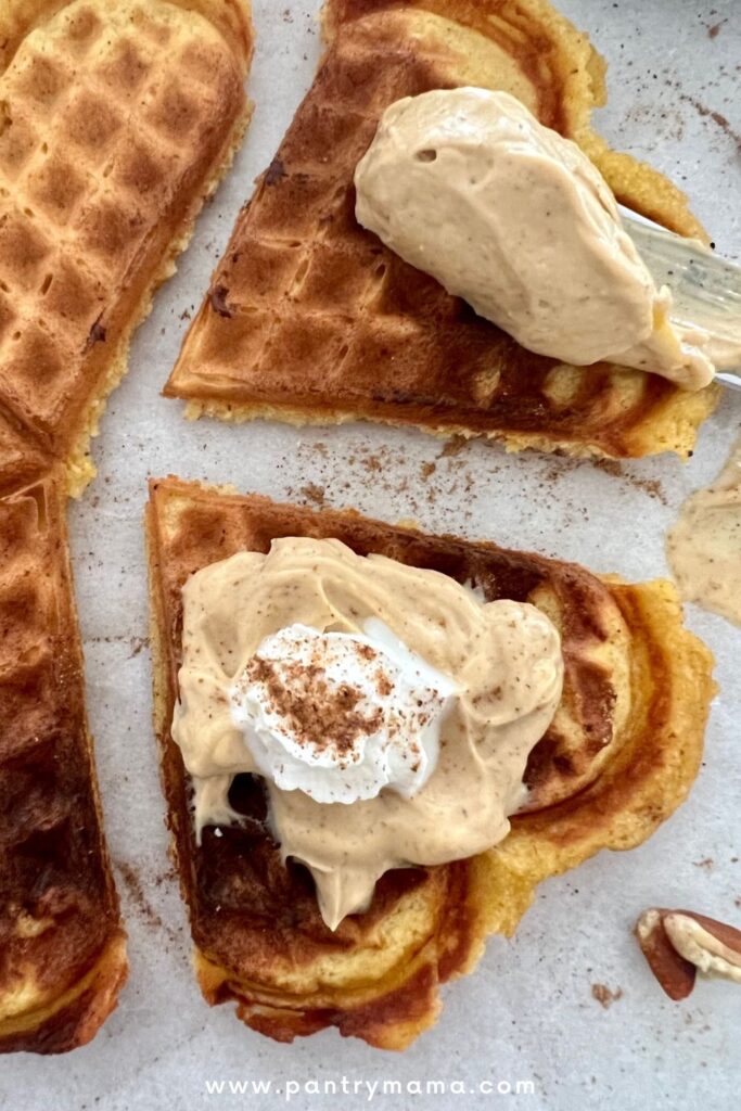 spiced pumpkin cream cheese spread served on pumpkin waffles