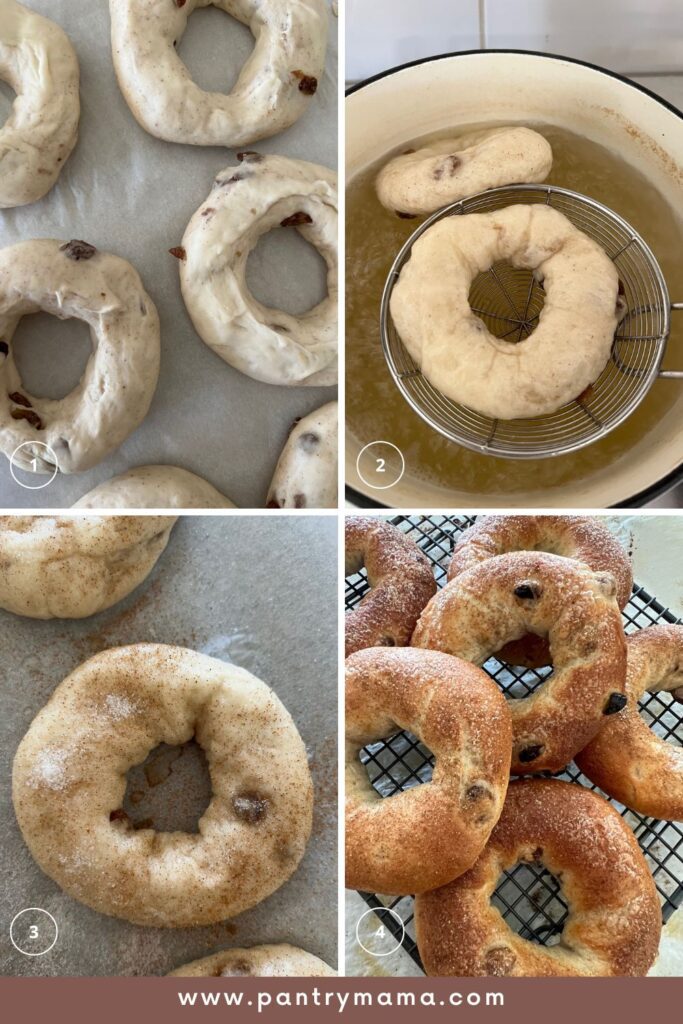 Process photos for making sourdough cinnamon raisin bagels. From shaping to boiling and dusting with cinnamon sugar.