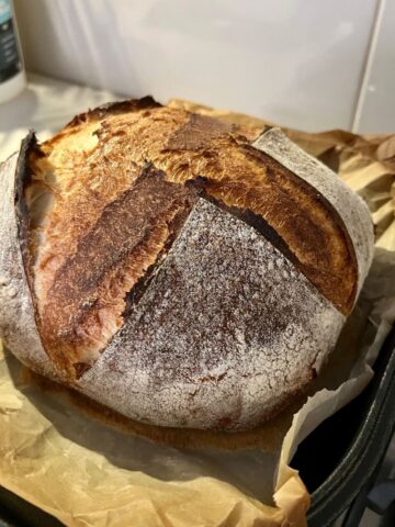 long fermented sourdough bread fresh out of the oven and sitting on a piece of parchment paper on a cast iron Dutch Oven base