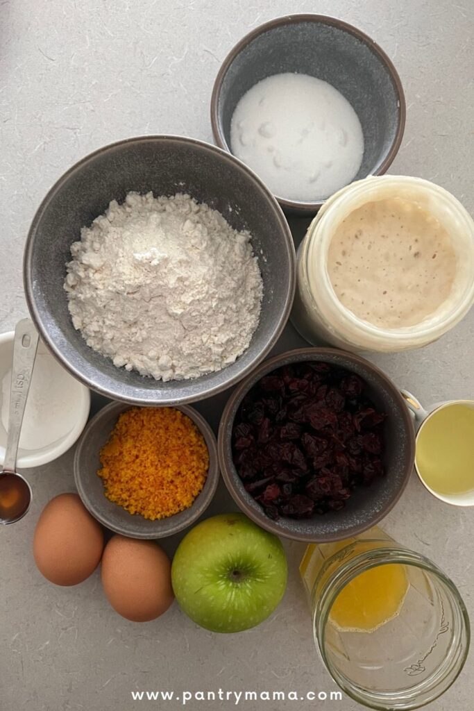 Ingredients used for orange cranberry sourdough muffins.