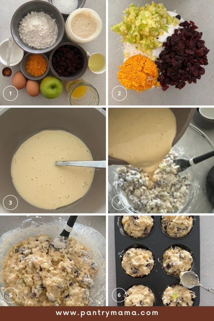 Process photos for orange cranberry sourdough muffins showing mixing of the dry ingredients and wet ingredients separately.