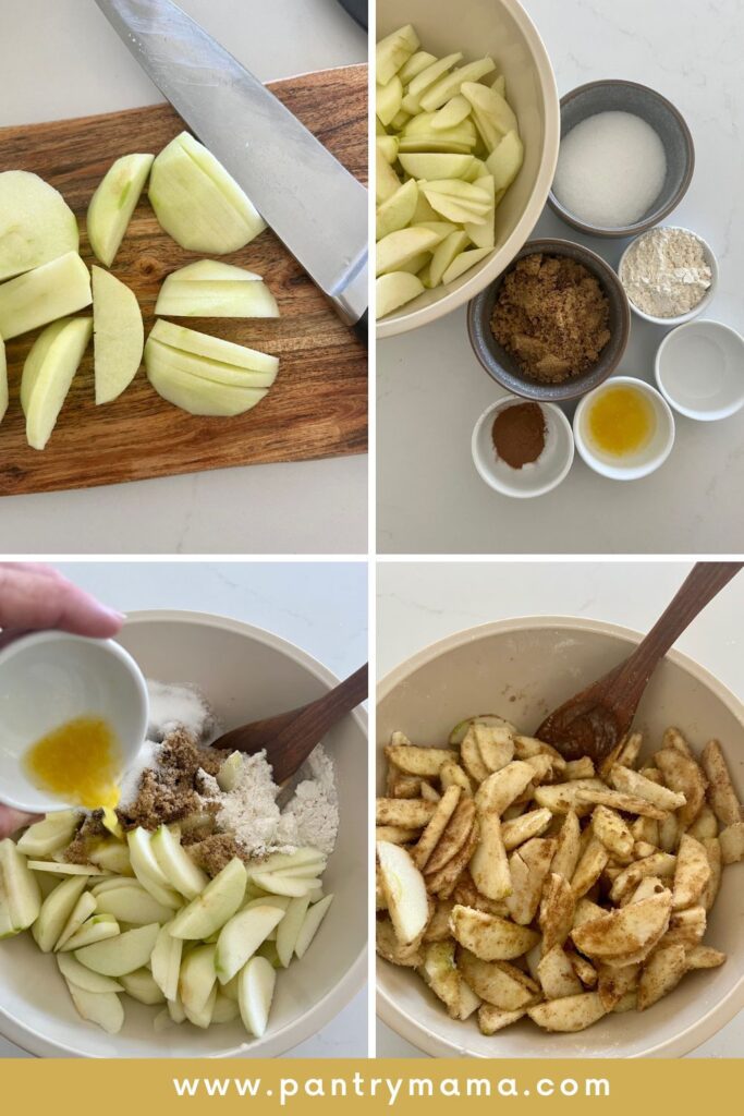 Process photos showing how to make sourdough apple pie - from slicing the apples, organising the dry ingredients and then combining apples and other ingredients in a large mixing bowl. 
