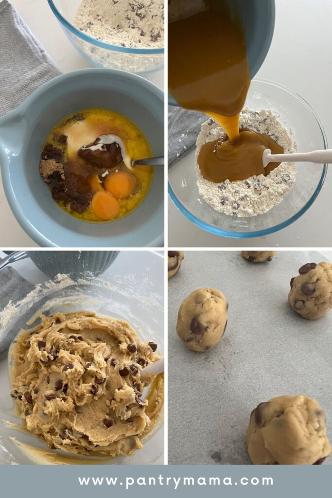 4 photos of the process of baking sourdough chocolate chip cookies from mixing the wet ingredients into the dry ingredients, mixing into a dough and then rolling into cookie dough balls.