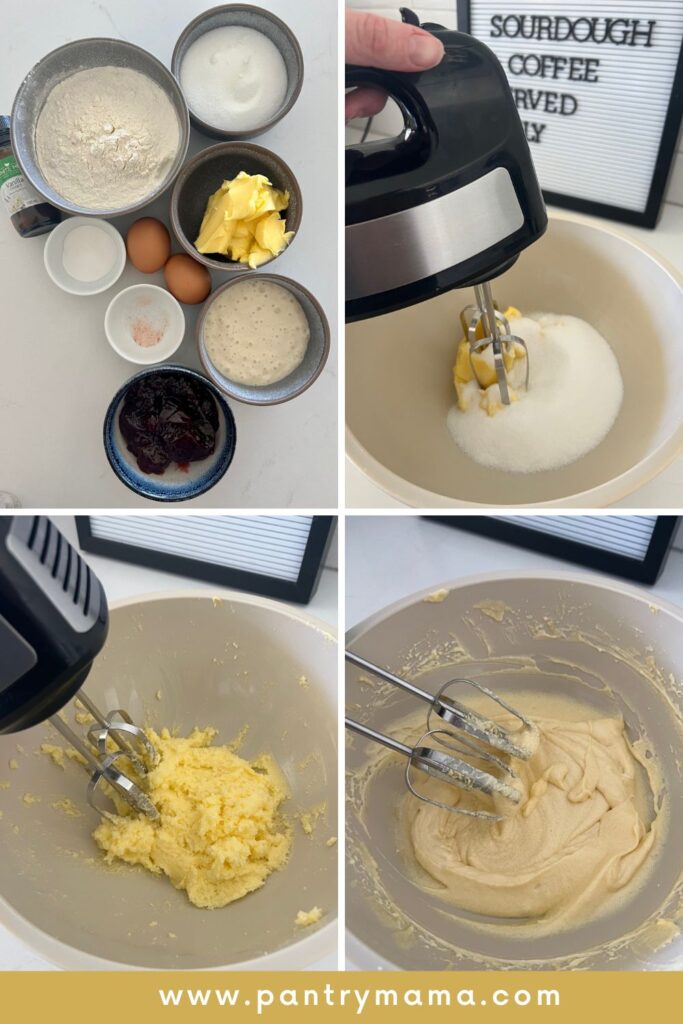 Process photos of making sourdough thumbprint cookies - creaming the butter and sugar and then adding the eggs, sourdough starter and vanilla.