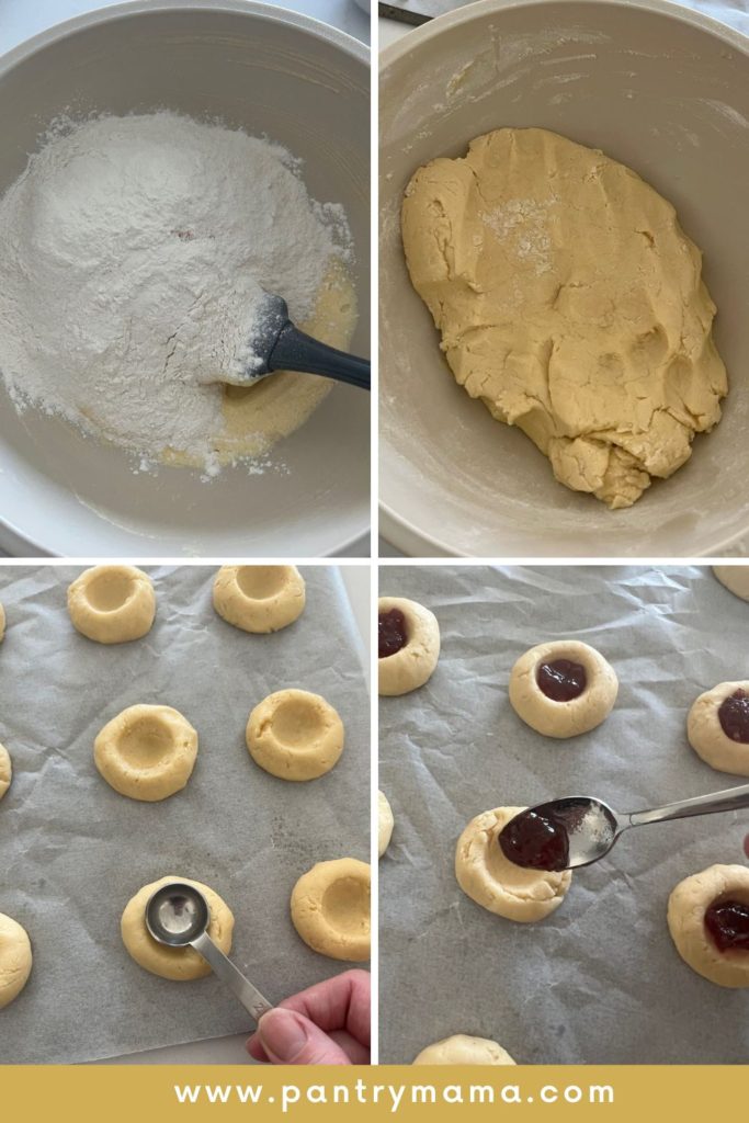 Process photos of making sourdough thumbprint cookies - adding the dry ingredients to the wet ingredients and pulling together into a dough. Pushing indents into the dough balls and filling the center of the cookies with jam.