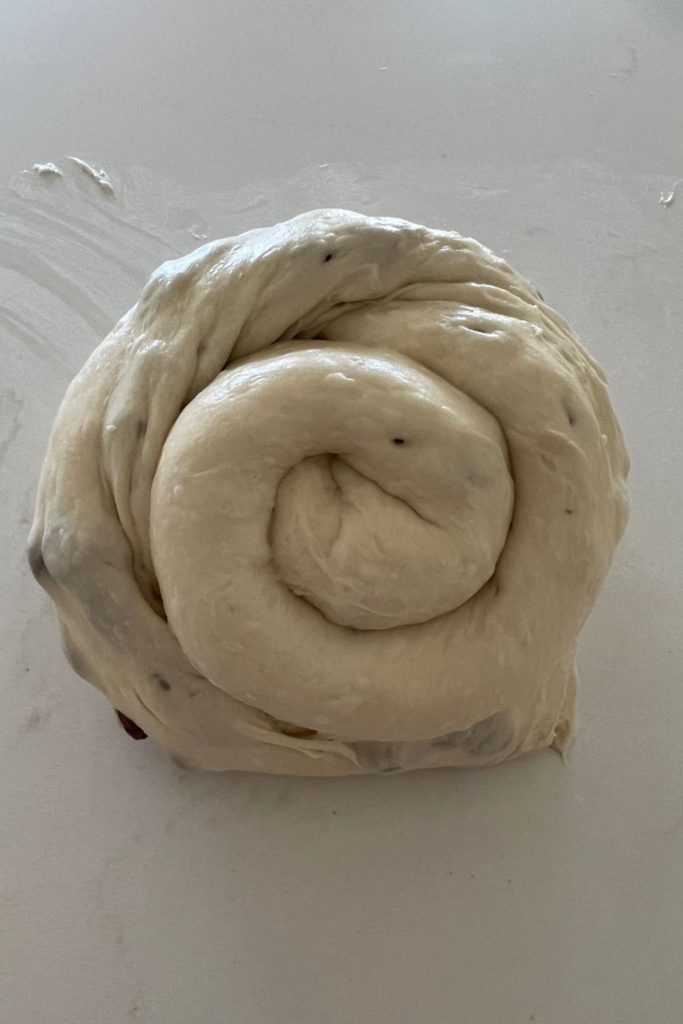 Sourdough bread dough filled with chocolate chips. The dough has been laminated and rolled up into a "snail" swirl log.
