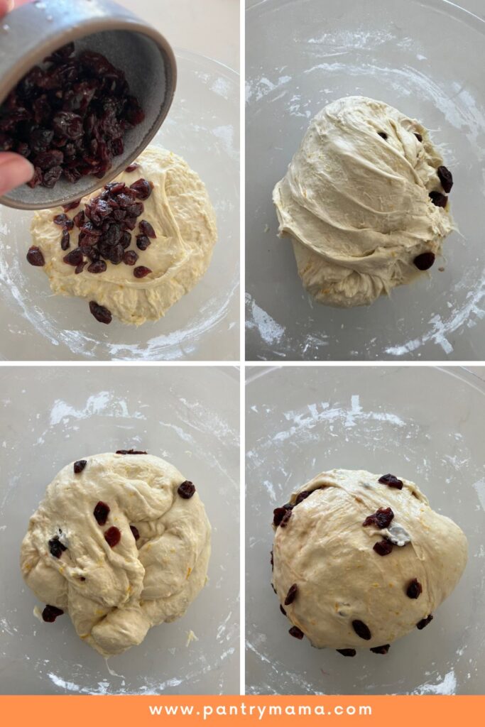 4 photos showing the soaked cranberries being added to the dough through stretch and fold process.